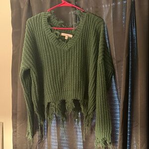 Love Tree Forest Green Distressed V-Neck Sweater